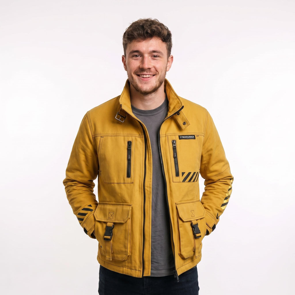 Cyberpunk Yellow Cotton Jacket | Men's Techwear Streetwear, Futuristic High-Collar Coat