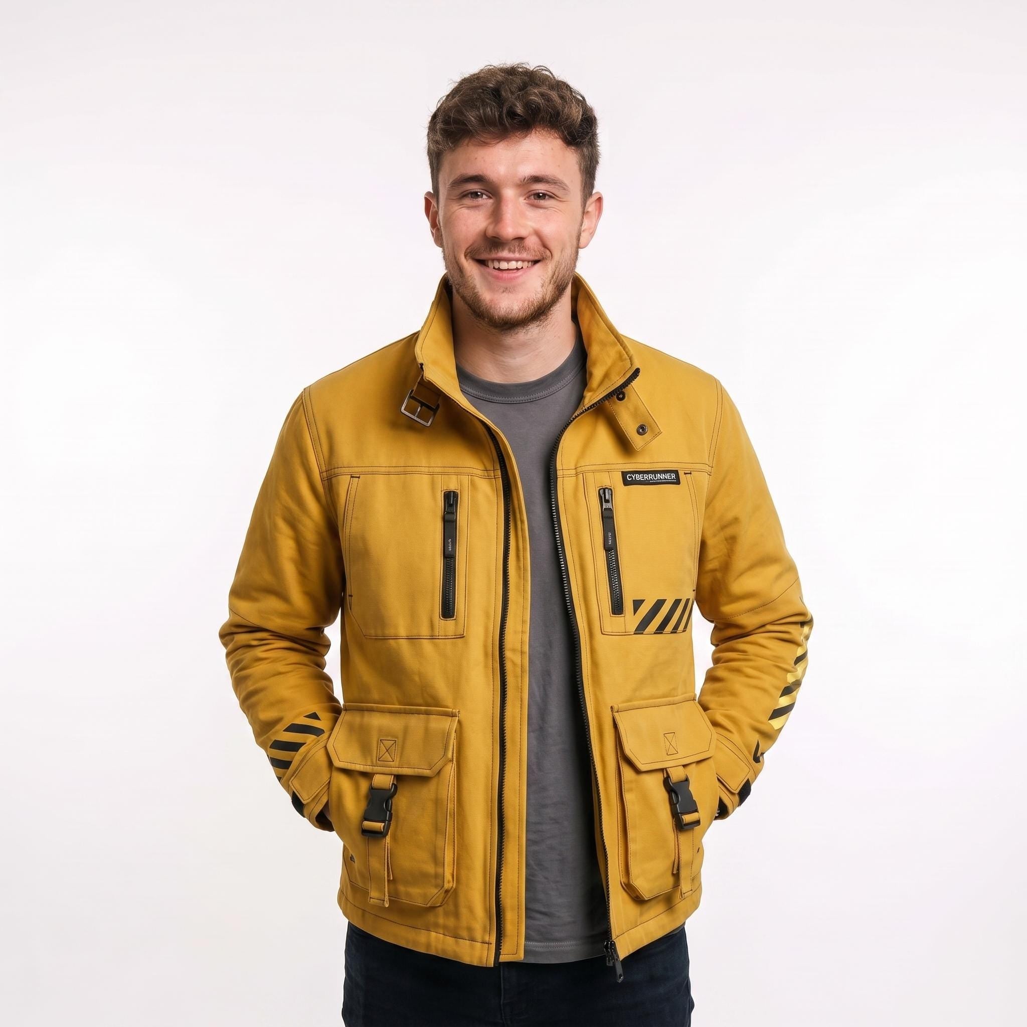 Cyberpunk Yellow Cotton Jacket | Men's Techwear Streetwear, Futuristic High-Collar Coat