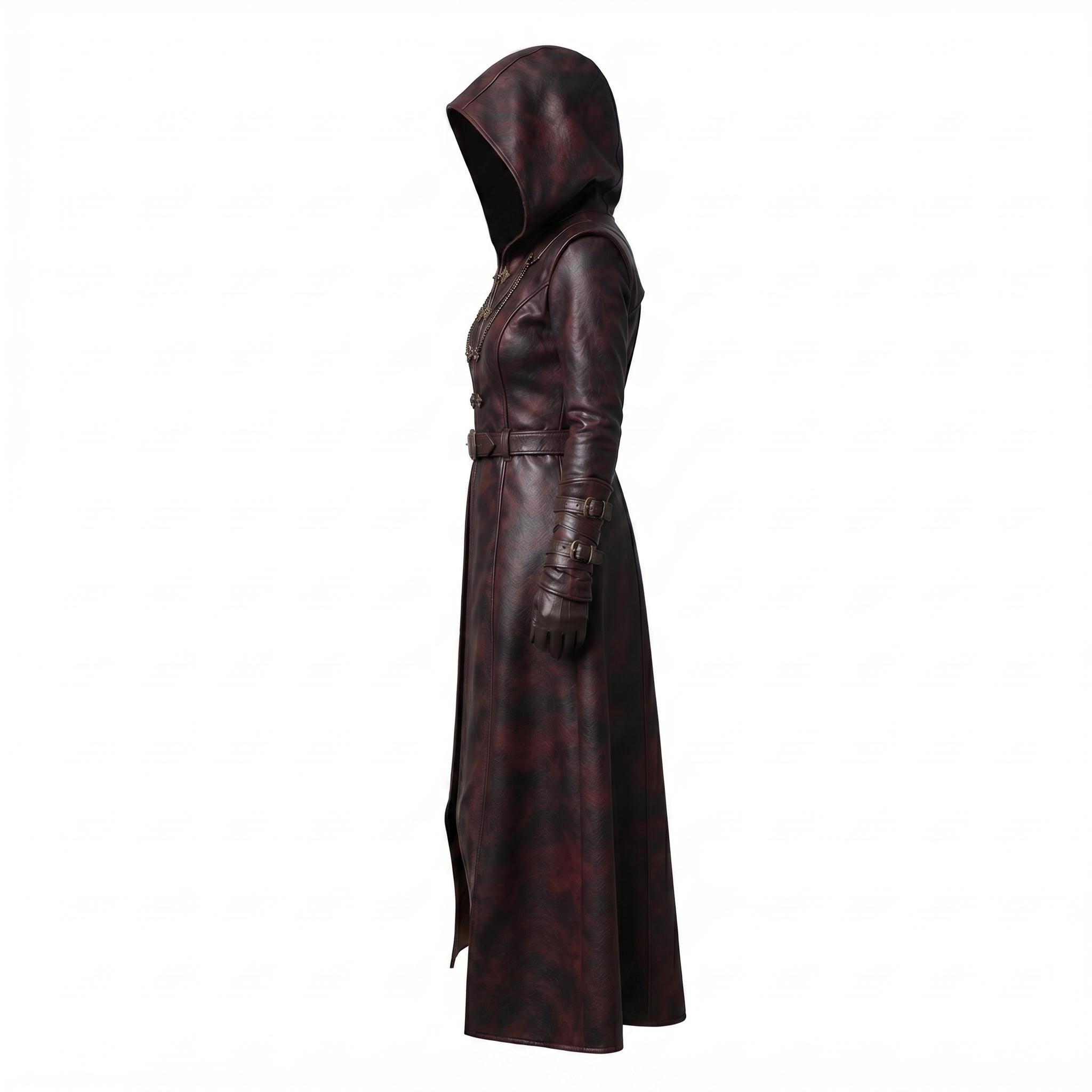 Women's Oxblood Leather Hooded Coat | Hand-Dyed Smoky Black Patina Trench Jacket