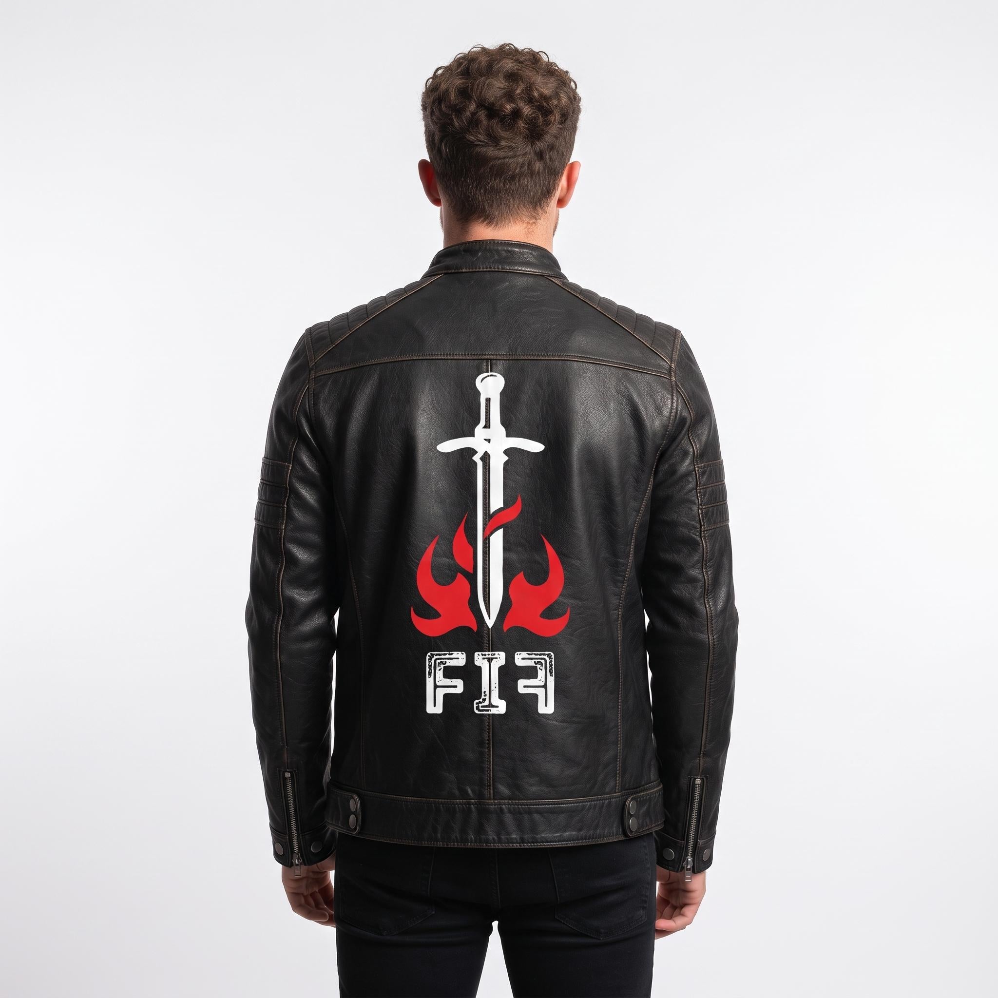 Men's Black Leather Biker Jacket, Sword Flame Graphic Rider Coat