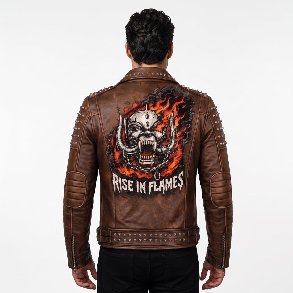 Handmade Men's Black Leather Studded Biker Jacket