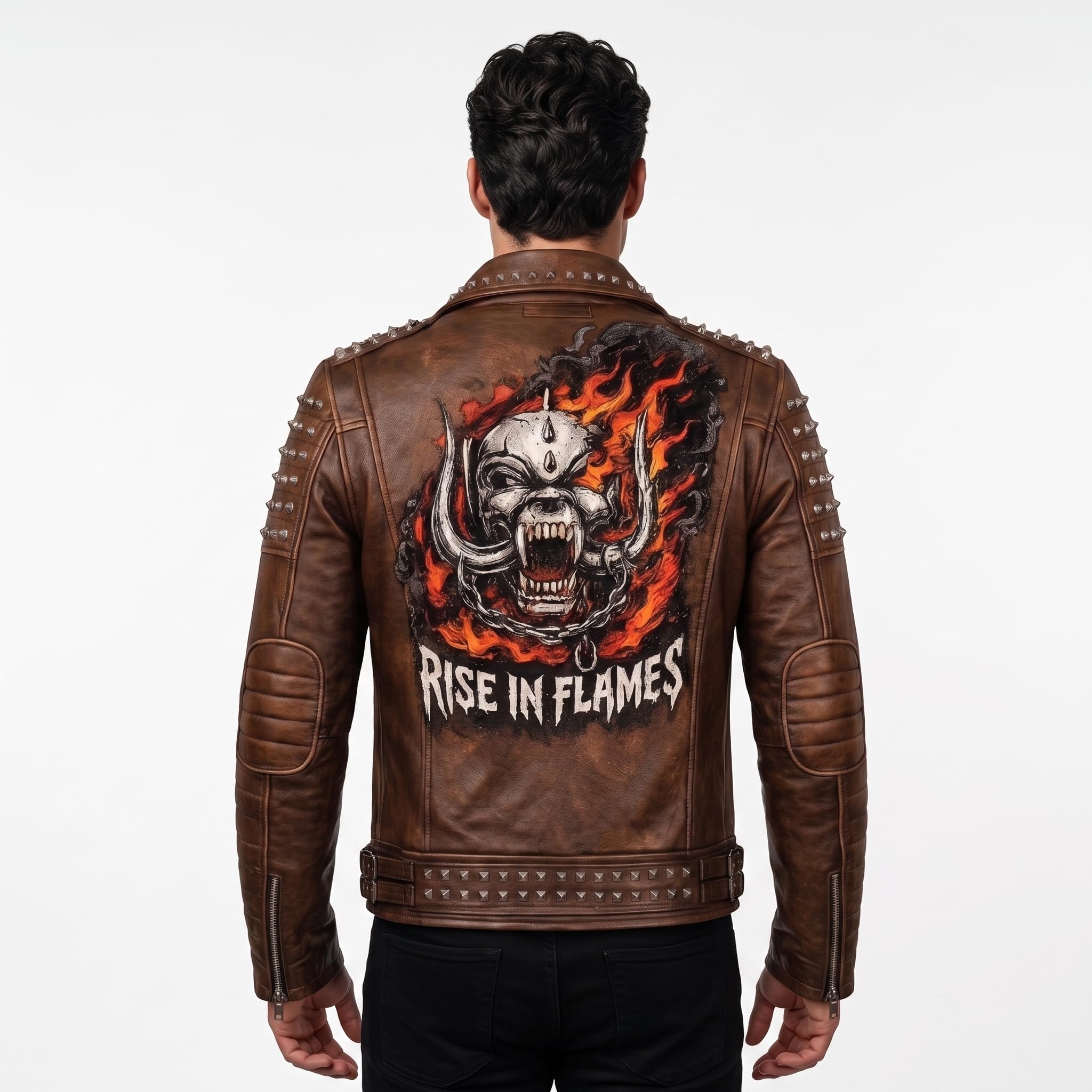 Handmade Men's Black Leather Studded Biker Jacket