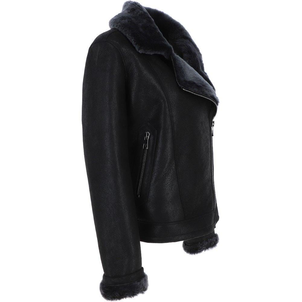Black Crinkled Leather Aviator Jacket, Women's Shearling Trim Bomber