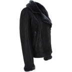 Black Crinkled Leather Aviator Jacket, Women's Shearling Trim Bomber