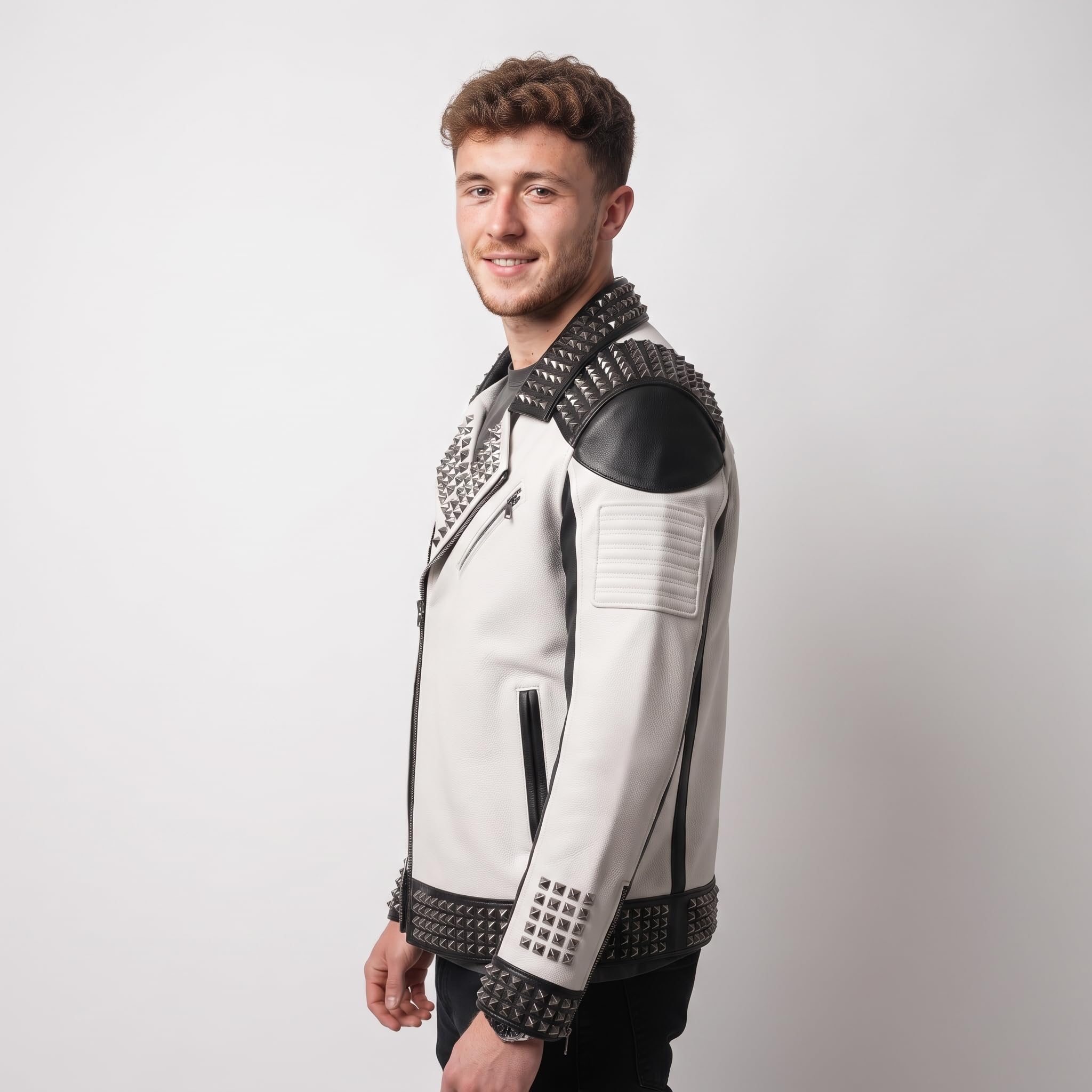 Men's Handmade Two-Tone Leather Biker Jacket | Studded Moto Punk Rock