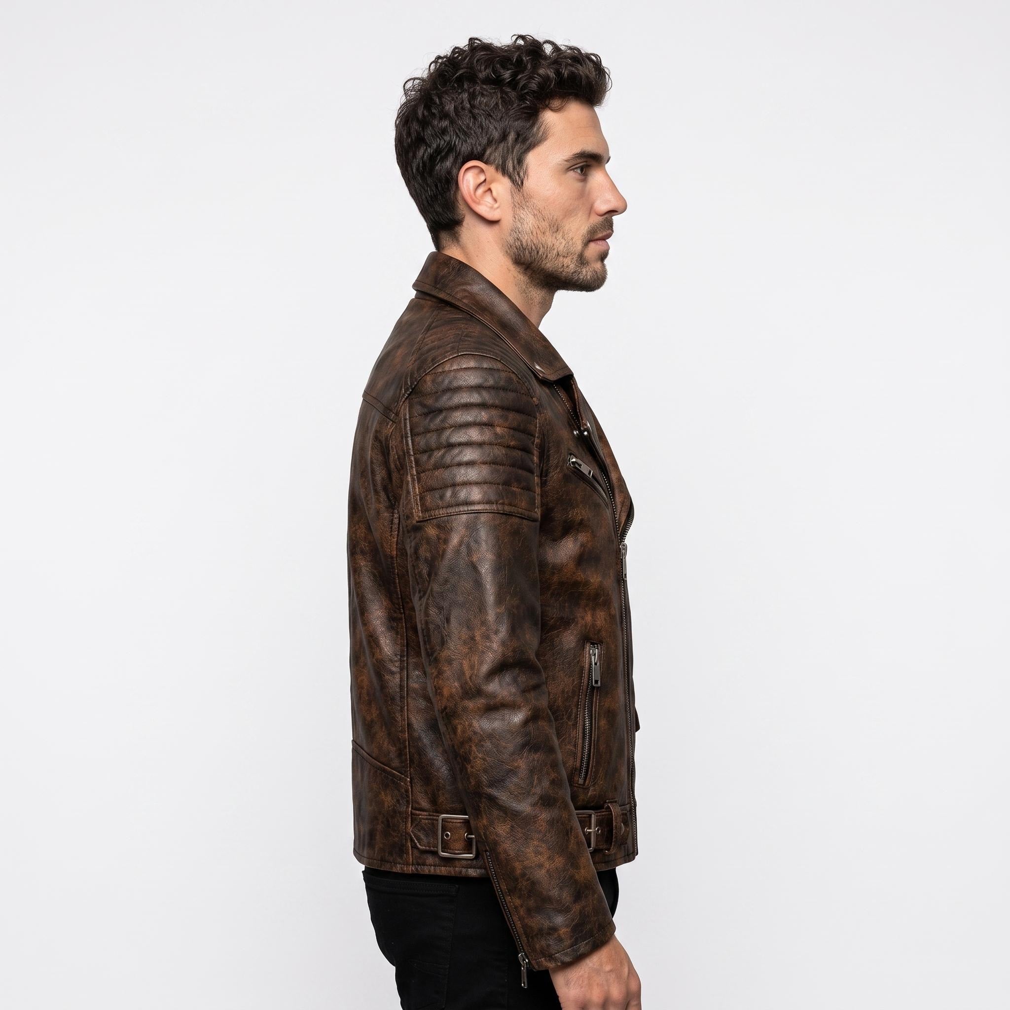 Motorcycle jacket with skull back | brown leather biker jacket | vintage moto style