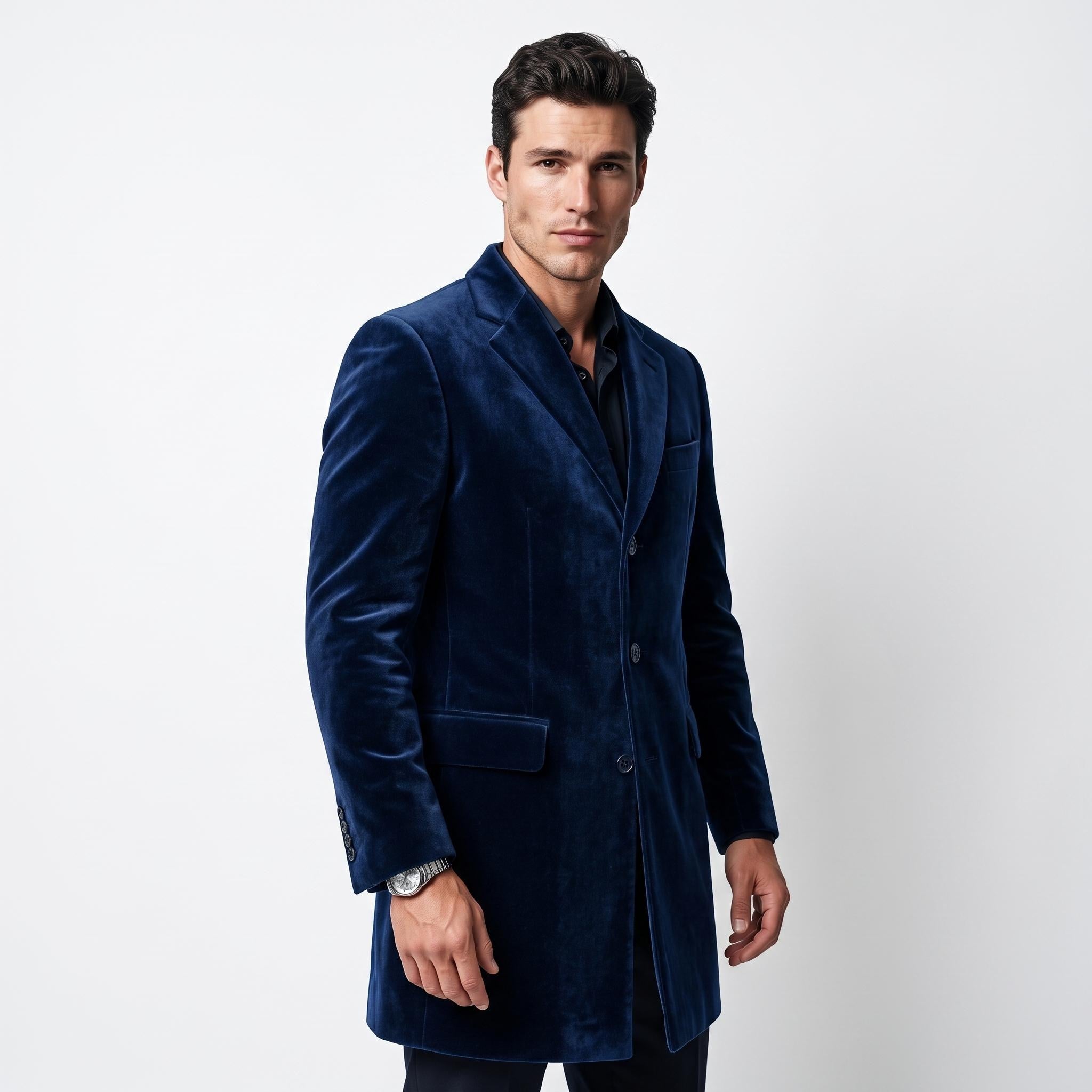 Men's Doctor Who Inspired Velvet Overcoat, Deep Navy Blue Time Traveler Jacket