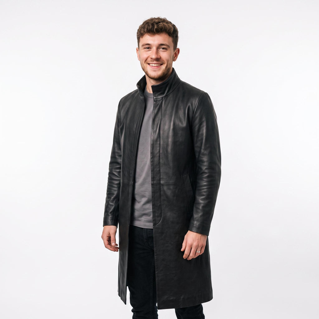 Men's Neo-Inspired Black Leather Duster Coat | Gothic Cyberpunk Trench Jacket