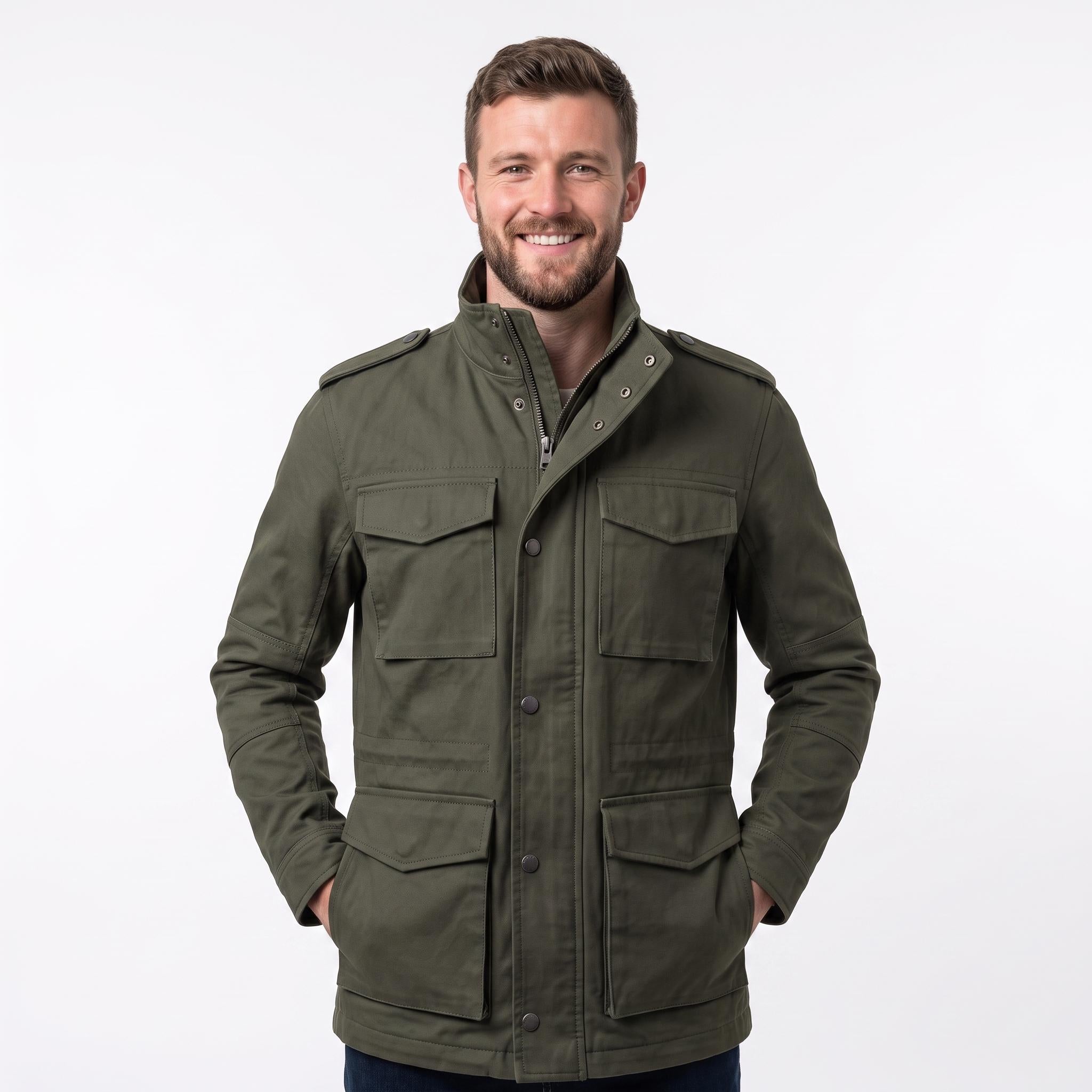 Men's Leon Kennedy Green Cotton Utility Coat | Military Style Men's Field Jacket (Cosplay)