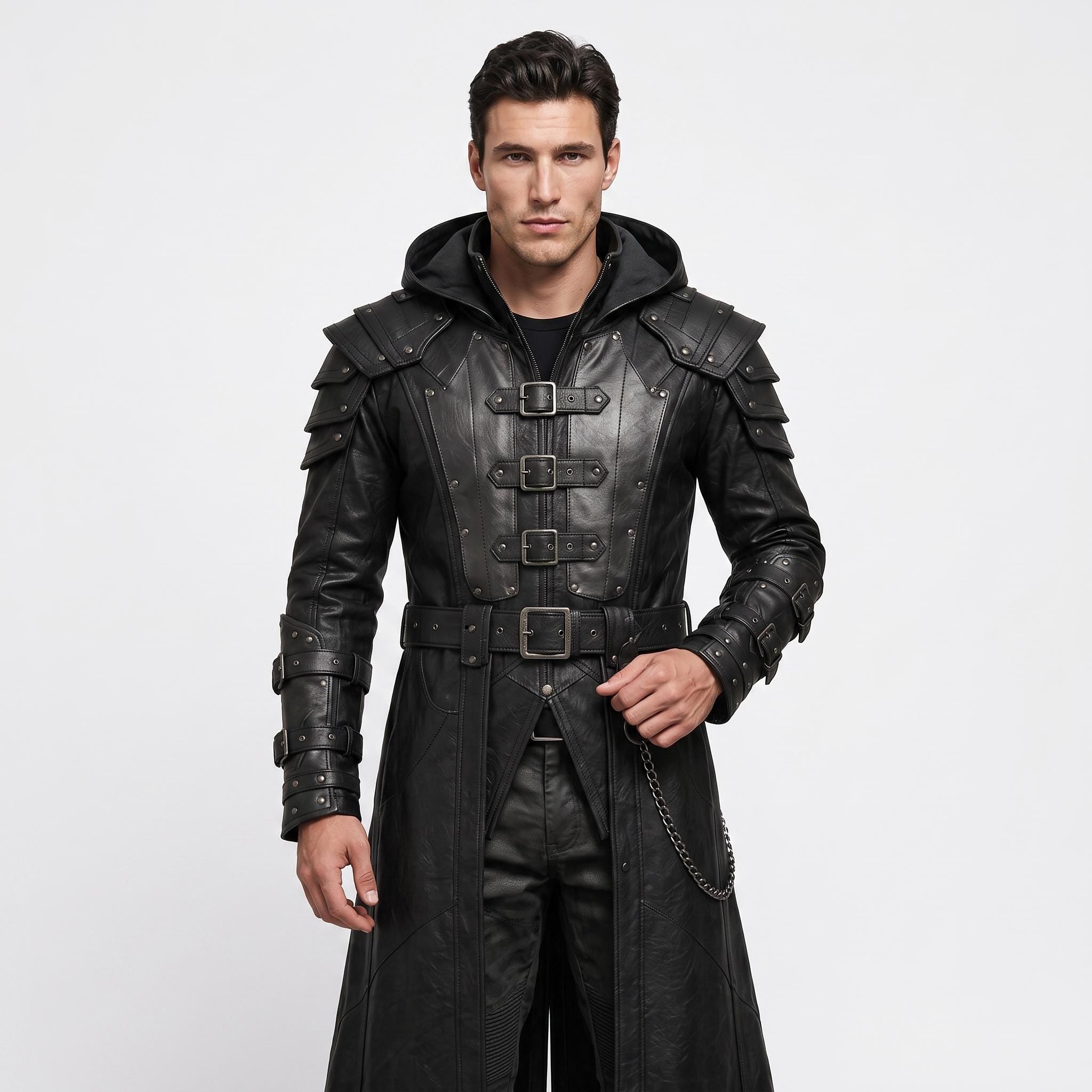 Men's Handmade Black Leather Samurai Coat | Hooded Ronin Cosplay Jacket, Warrior Armor