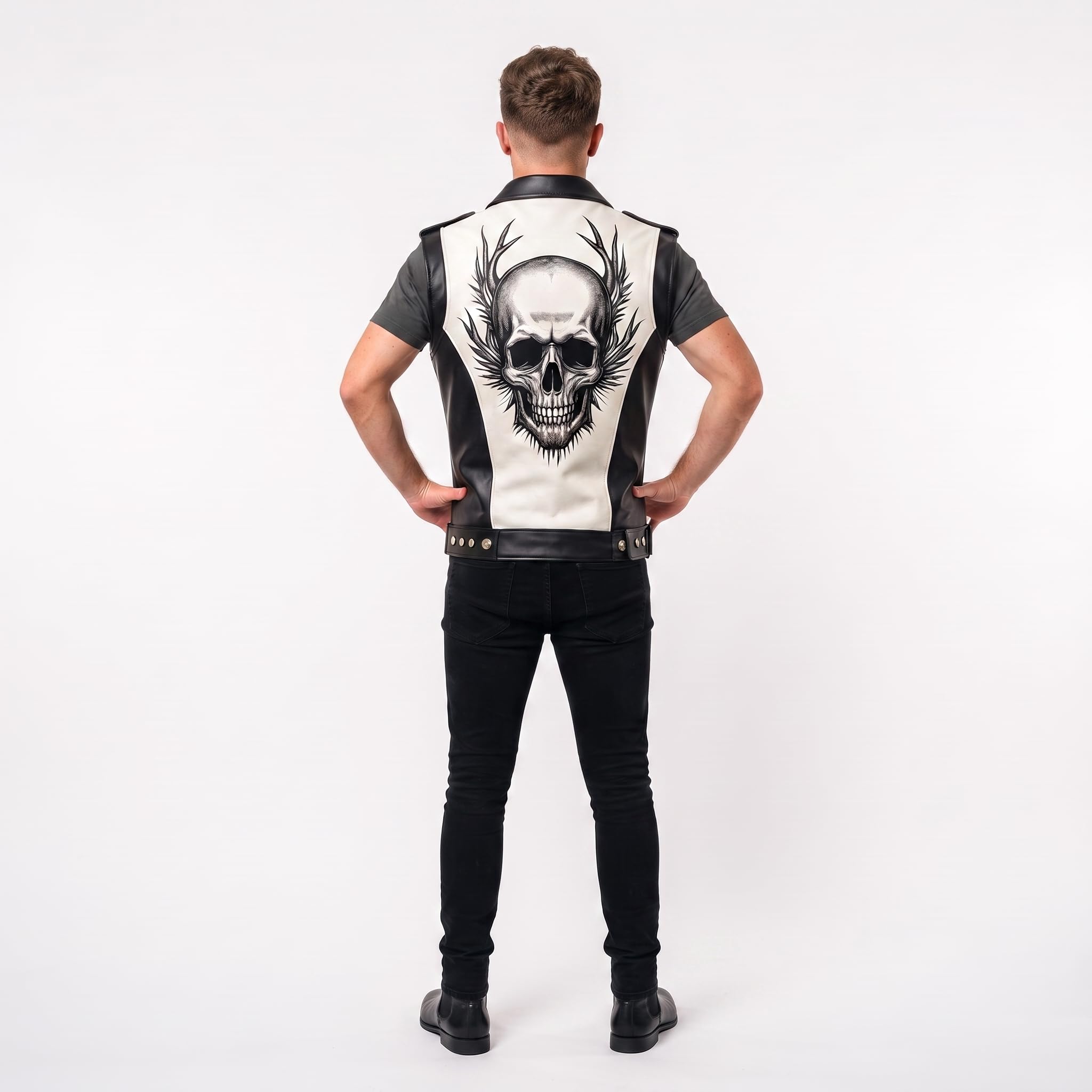 Handmade Skull Leather Biker Vest – Gothic Rocker Sleeveless Jacket