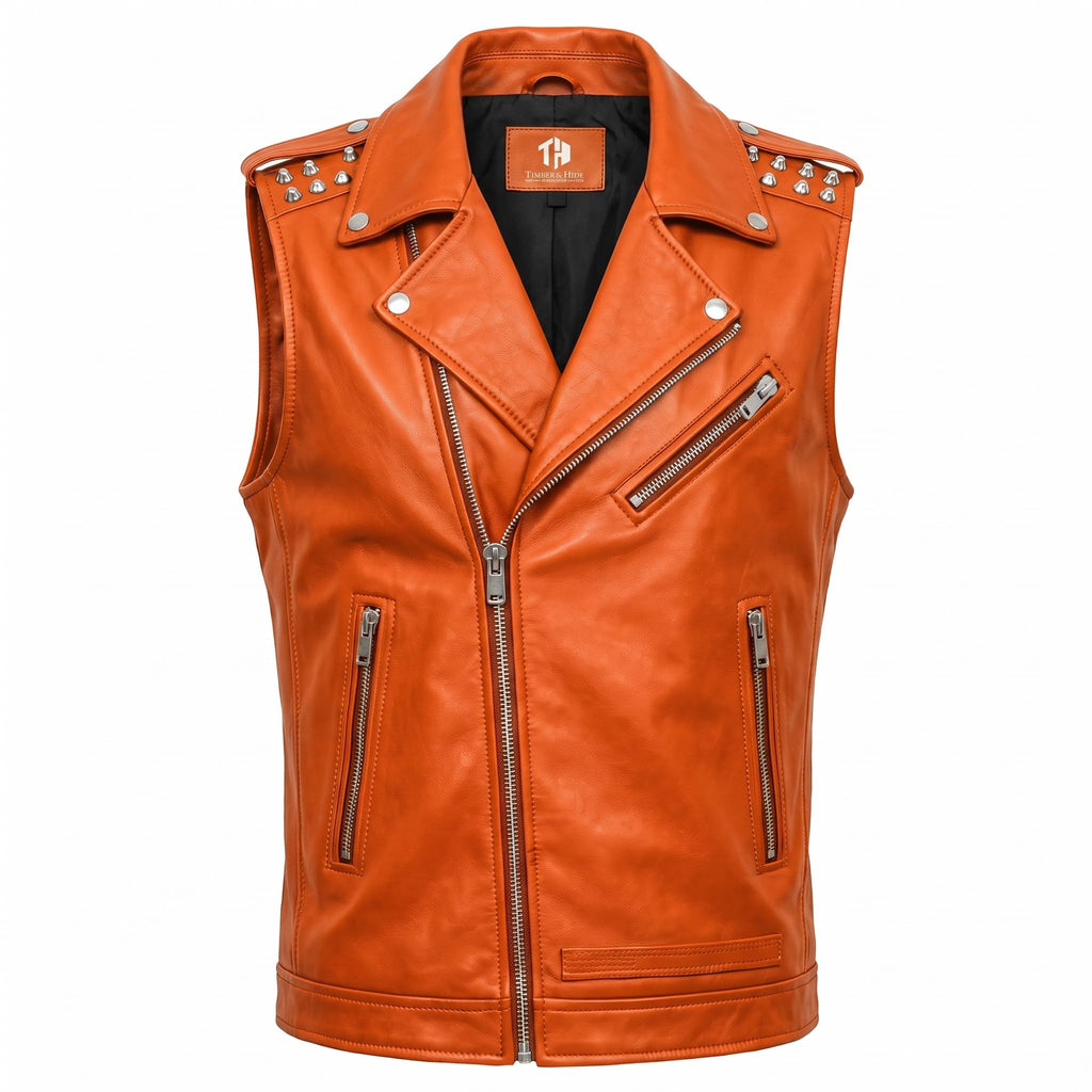 Timber AND Hide Men's Genuine Leather Motorcycle Biker Vest – Classic Double Rider Style with Studded Shoulders