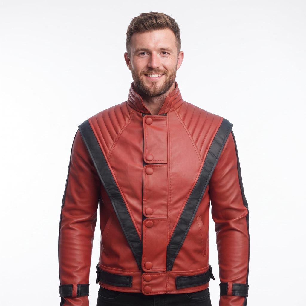 Men's Handmade Red Leather Pop Icon Jacket – 80s Music Video Inspired Biker Coat