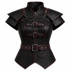 Black Faux Leather Corset Armor | Women's Gothic Burgundy Trim Bodice, Steampunk Warrior Costume Top