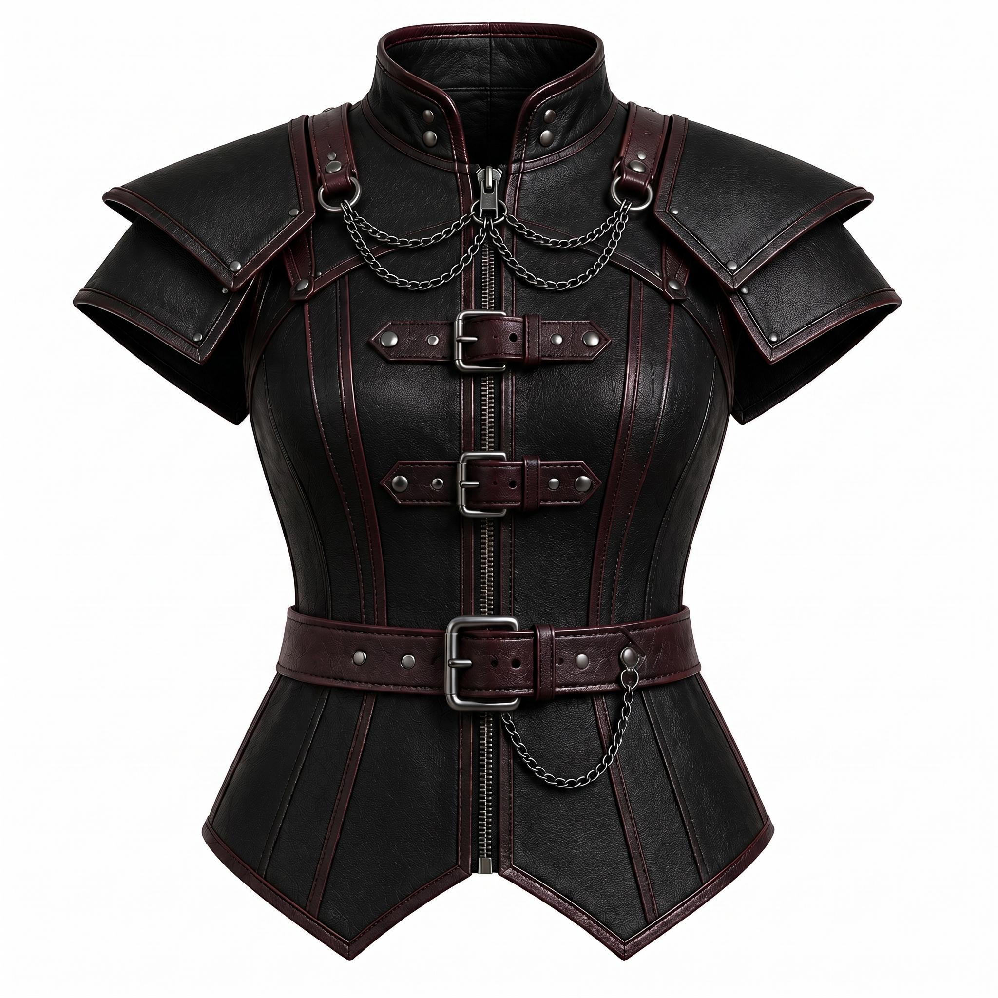 Black Faux Leather Corset Armor | Women's Gothic Burgundy Trim Bodice, Steampunk Warrior Costume Top
