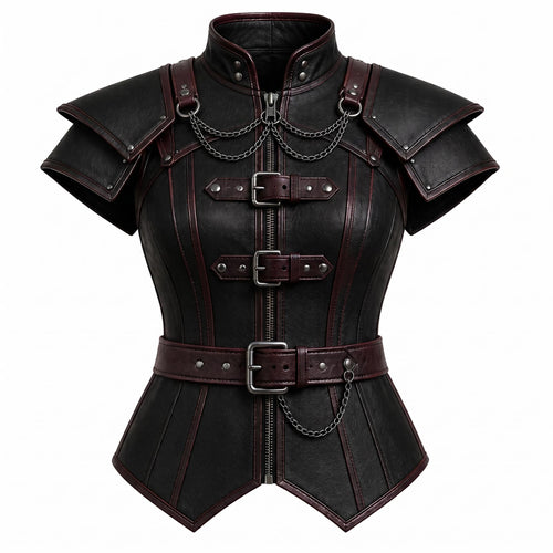 Black Faux Leather Corset Armor | Women's Gothic Burgundy Trim Bodice, Steampunk Warrior Costume Top