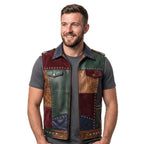 Men's Patch Leather Vest | Printed Leather Jacket | Handmade Patchwork Leather Vest | Studded Biker Vest