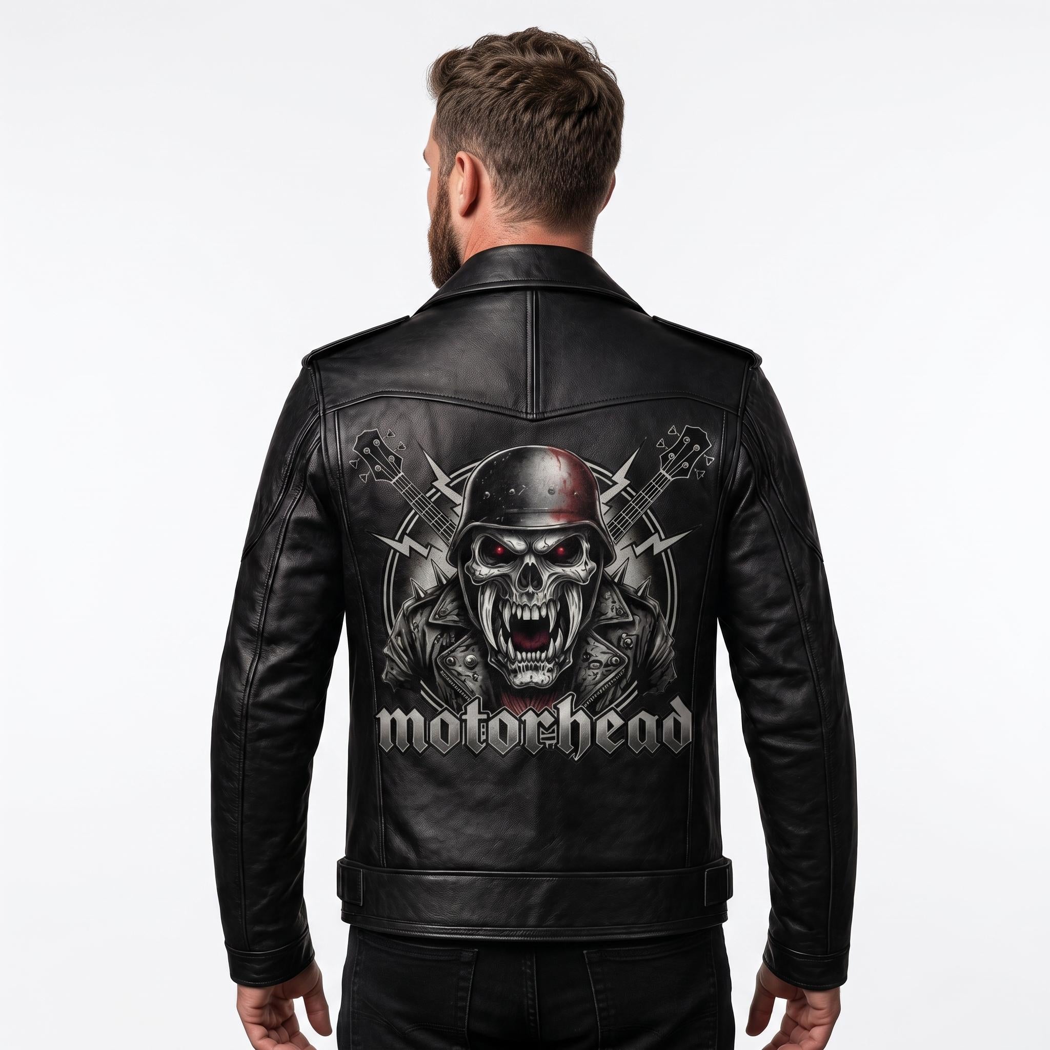 Motorhead Inspired Skull Print Leather Biker Jacket – Men's Gothic Rock Rider Coat