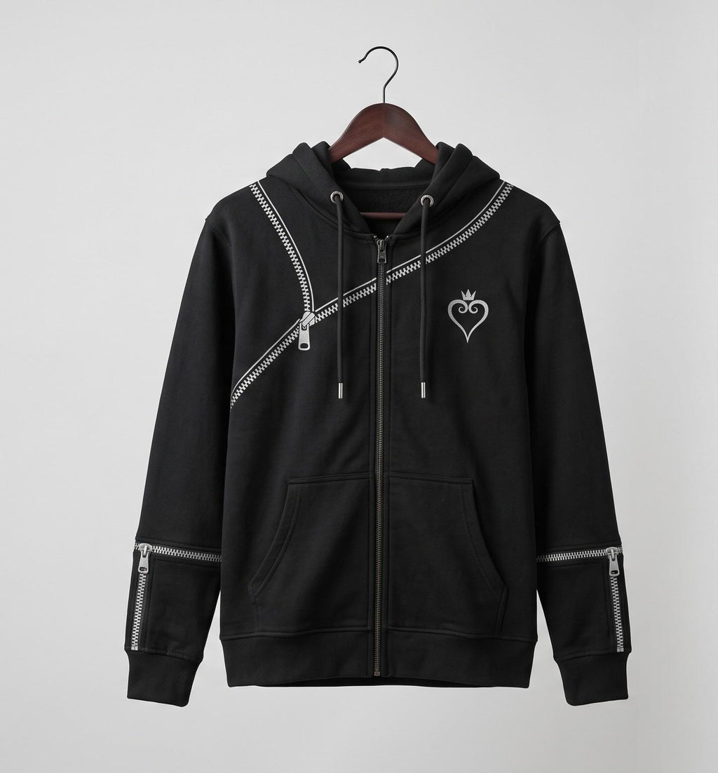 Women's Kingdom Hearts Black Zip-Up Hoodie | Fleece Gaming Sweatshirt | Keyblade Graphic Cosplay Jacket