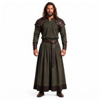 Men's Medieval Warrior Robe with Leather Shoulder Armor, Viking Tunic Costume, Fantasy Knight Garment