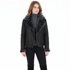 Black Crinkled Leather Aviator Jacket, Women's Shearling Trim Bomber
