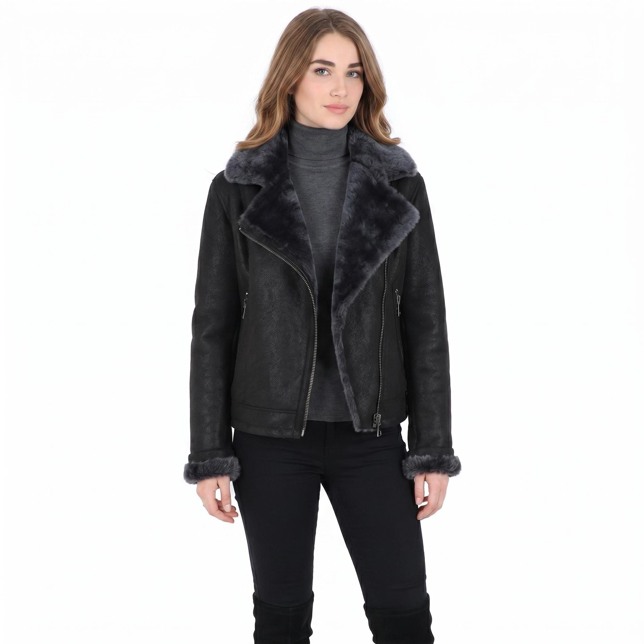 Black Crinkled Leather Aviator Jacket, Women's Shearling Trim Bomber
