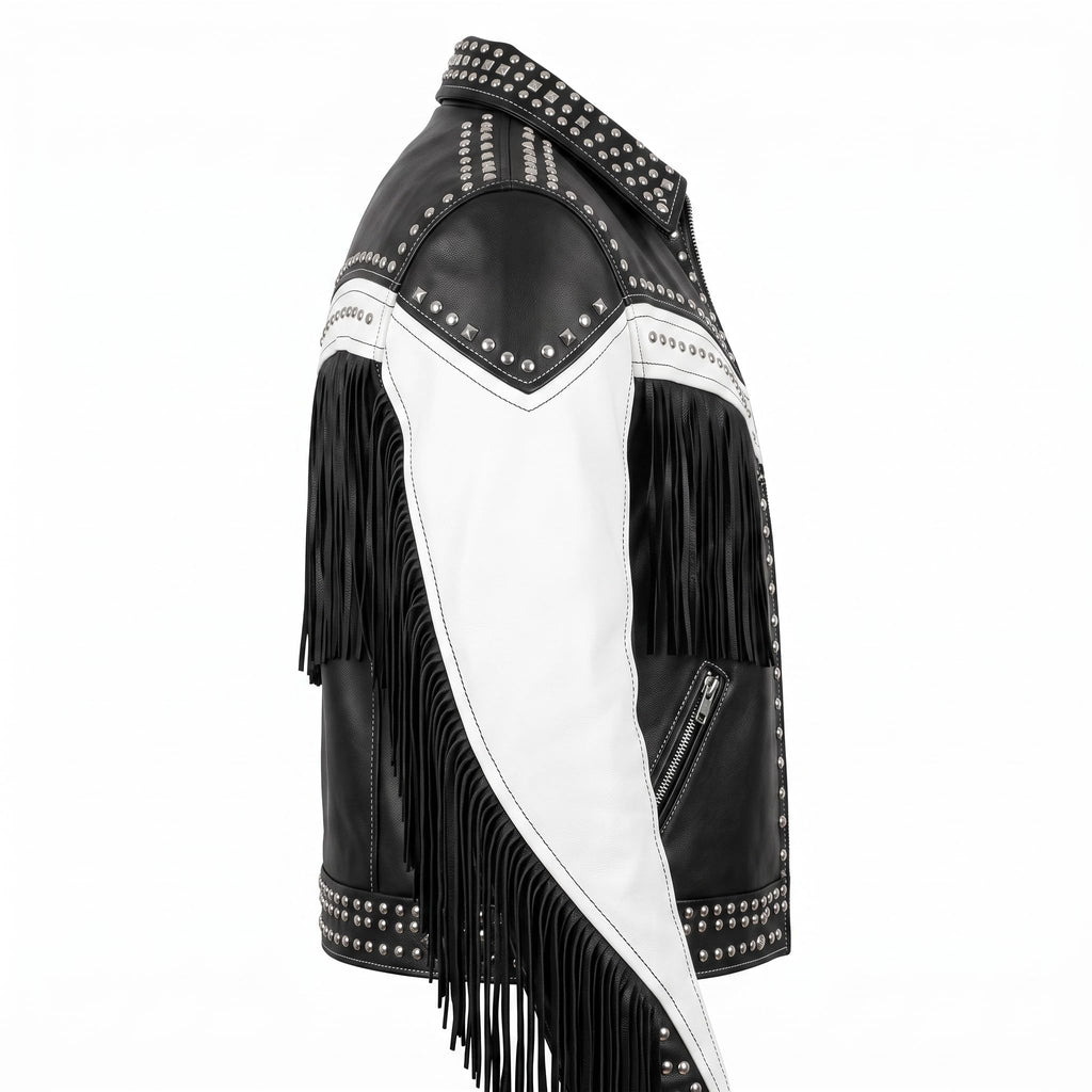 Man's Handmade Western Fringe Leather Jacket | Studded Cowboy Biker Coat