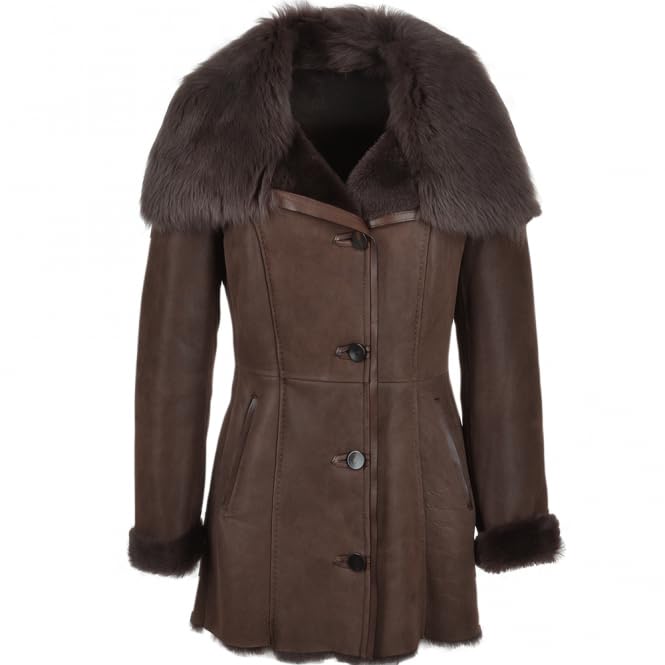 Women's Sheepskin Long Hair Toscana Lapel Coat Brown