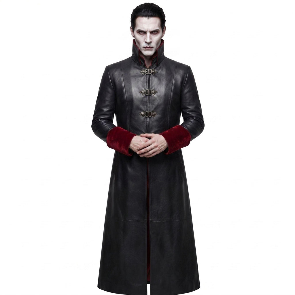 Gothic Black Faux-Leather Trench Coat with Red Accents – Victorian Duster Jacket