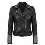 Women’s Handmade Black Leather Motorcycle Jacket – Studded, Spiked, & Hand-Painted Misfits Punk Rocker Style