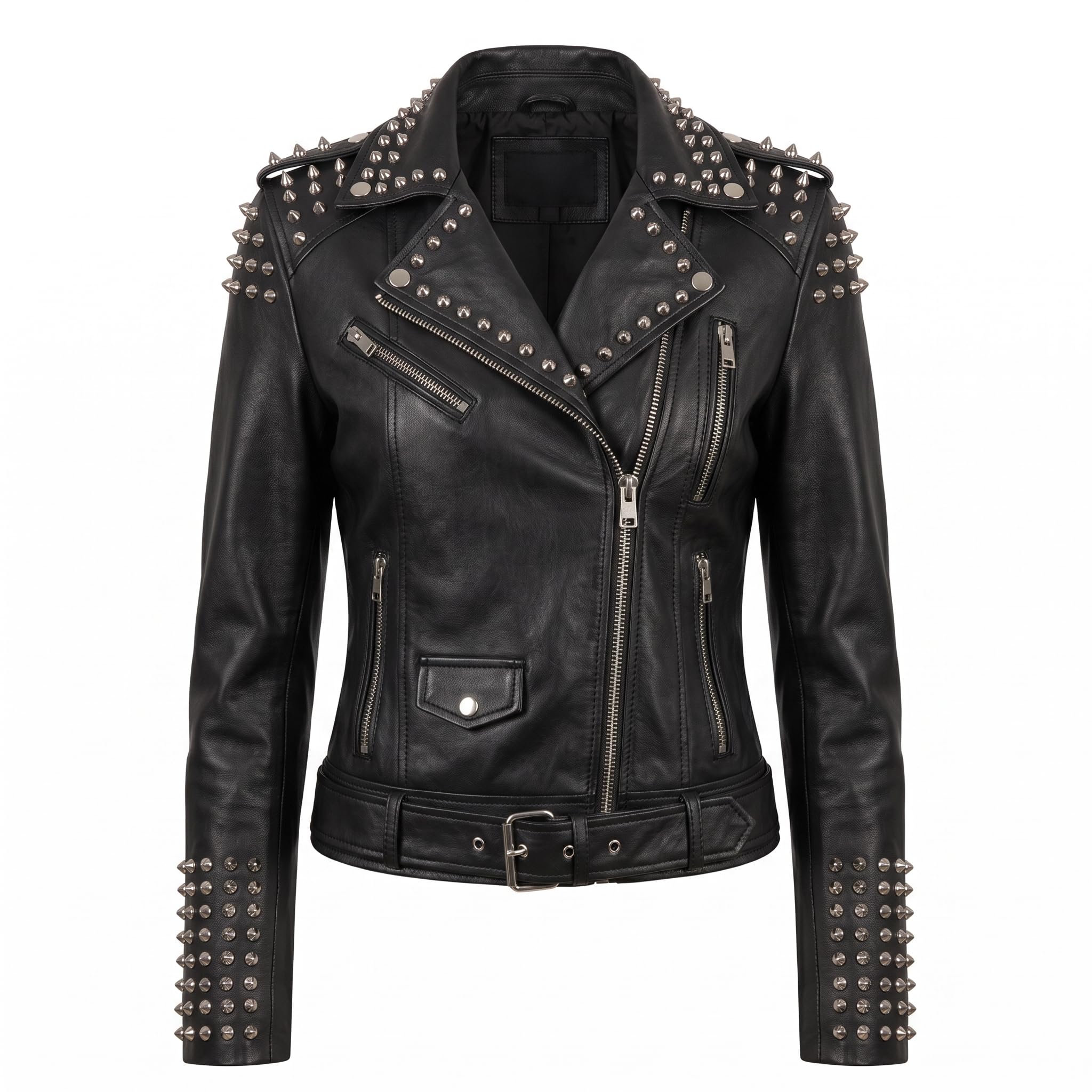 Women’s Handmade Black Leather Motorcycle Jacket – Studded, Spiked, & Hand-Painted Misfits Punk Rocker Style