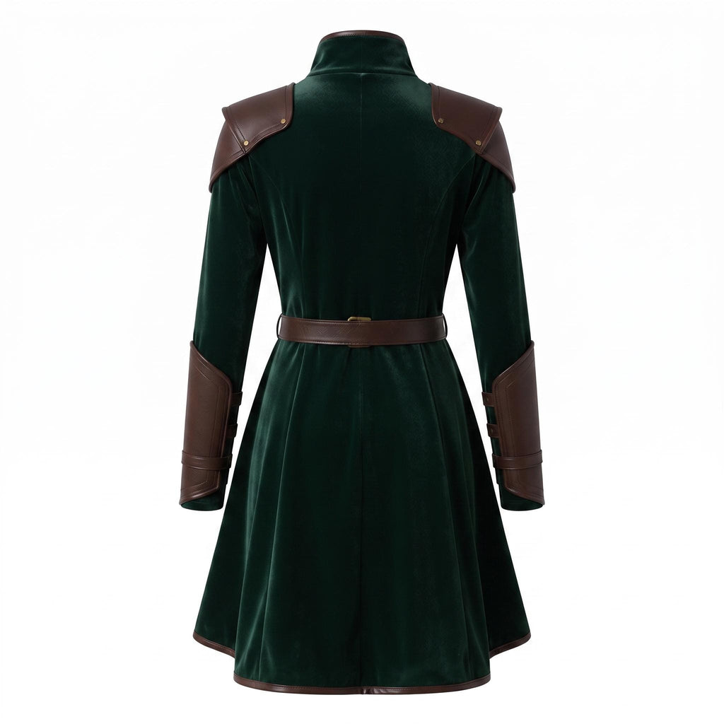 Women's Velvet Wrap Coat Dress with Leather Armor Trim, Fantasy Cosplay Outfit