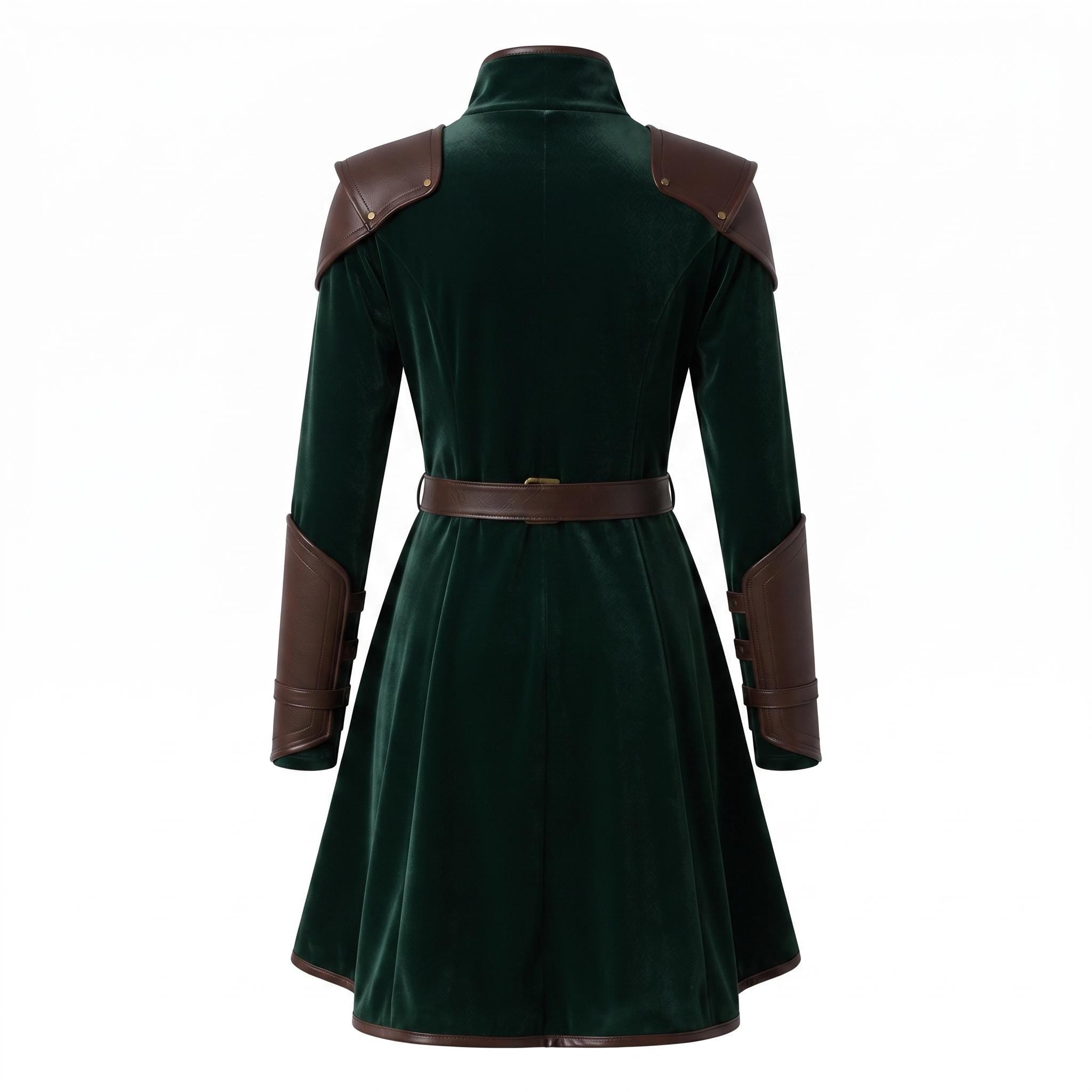 Women's Velvet Wrap Coat Dress with Leather Armor Trim, Fantasy Cosplay Outfit