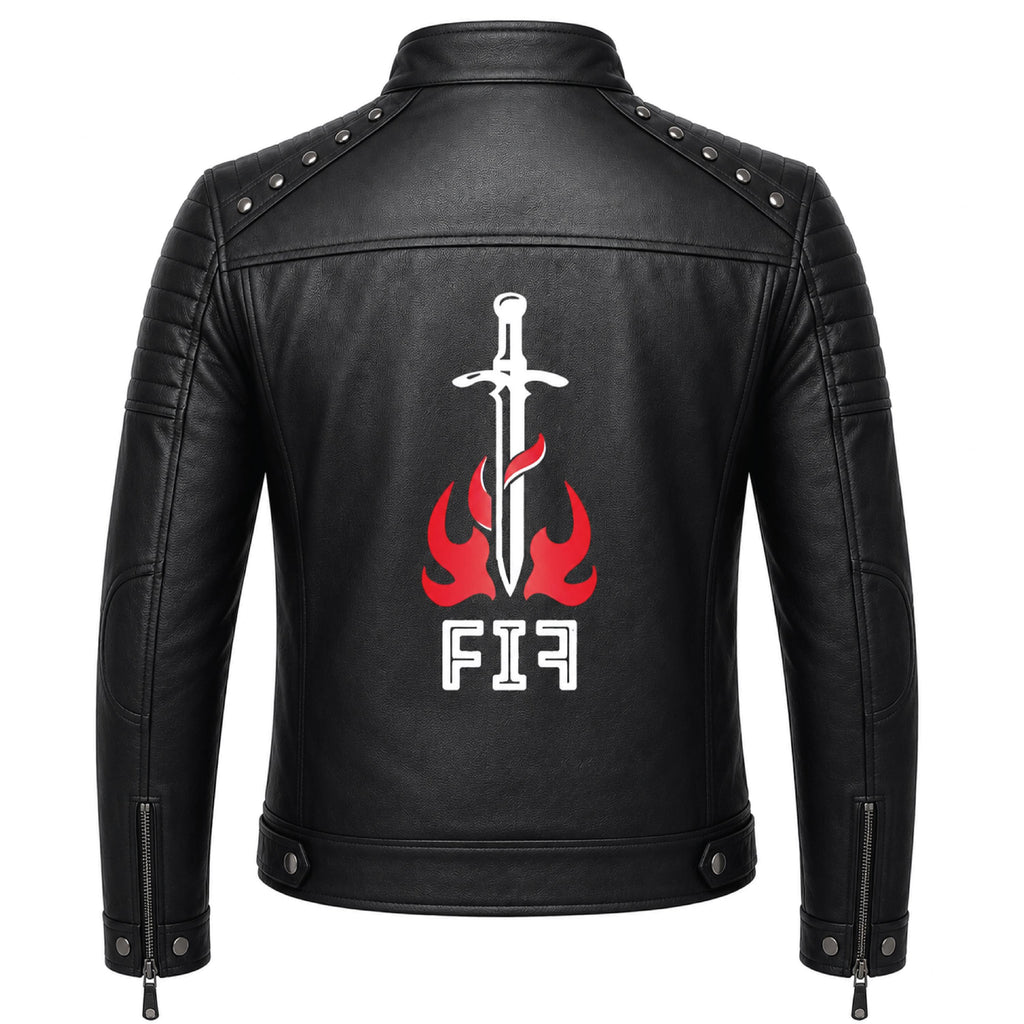 Brown Leather Biker Jacket with Sword Flame Graphic – Moto Punk Streetwear Coat