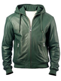 Men’s Faux Leather Jacket with Hood – Green