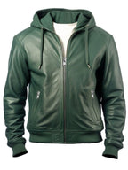 Men’s Faux Leather Jacket with Hood – Green
