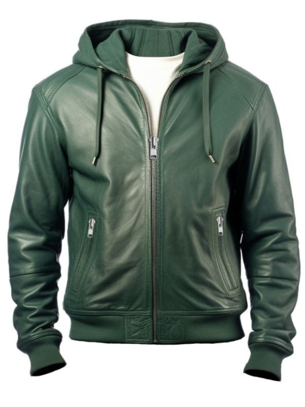Men’s Faux Leather Jacket with Hood – Green