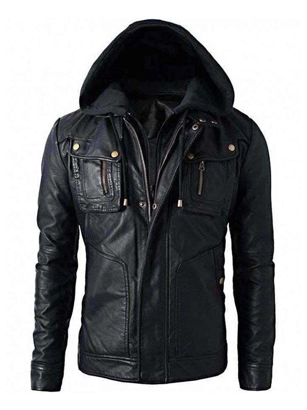 New Men’s Motorcycle Brando Style Biker Real Leather Detachable Hoodie Jacket – Black