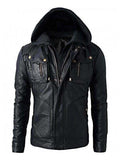 New Men’s Motorcycle Brando Style Biker Real Leather Detachable Hoodie Jacket – Black