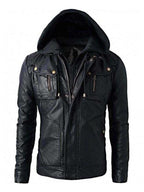 New Men’s Motorcycle Brando Style Biker Real Leather Detachable Hoodie Jacket – Black