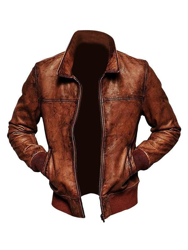 Men’s Vintage Casual Distressed Real Leather Jacket – Tan Brown
