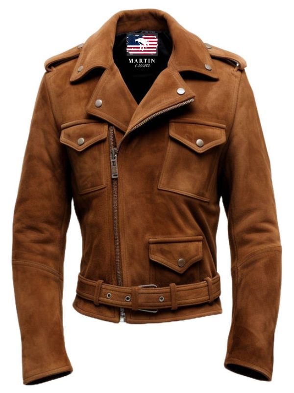 Men’s Biker Suede Leather Jacket – Camel Brown