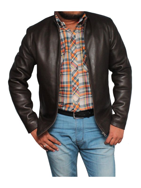 Men's Casual Style Classic Leather Jacket - Dark Brown