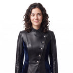 Women's Black Leather Blue Velvet Asymmetrical Military Jacket – Gothic Victorian Blazer