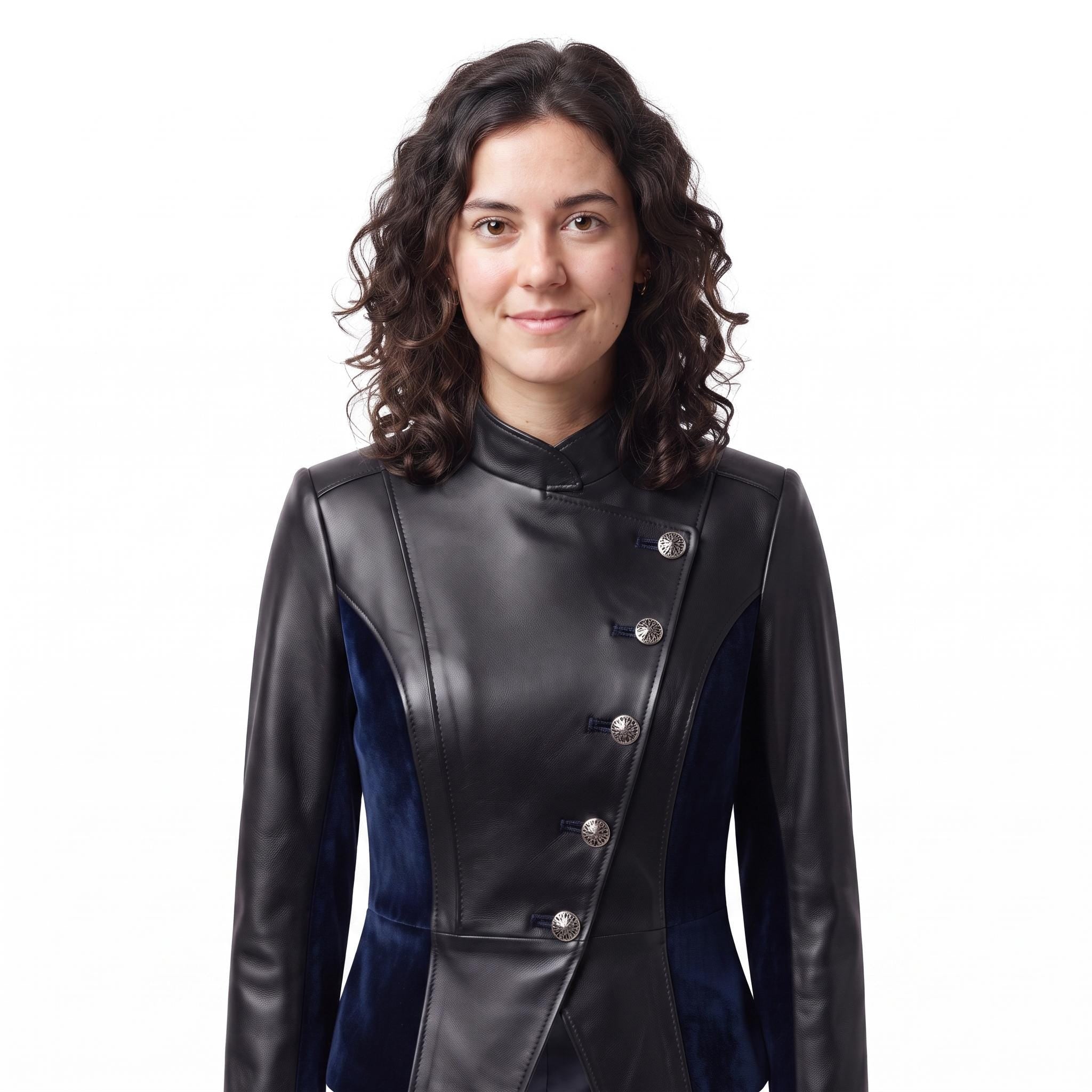 Women's Black Leather Blue Velvet Asymmetrical Military Jacket – Gothic Victorian Blazer
