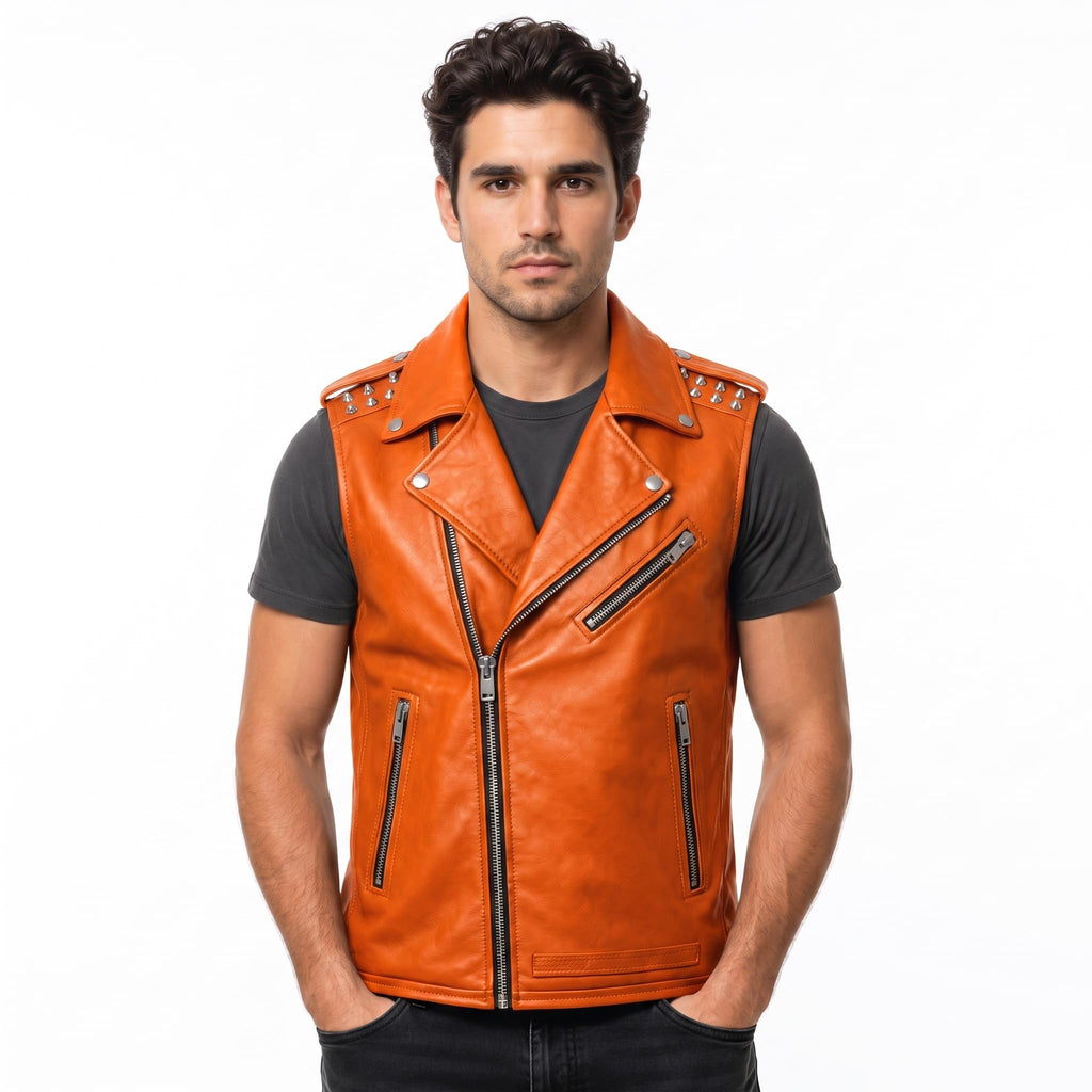 Timber AND Hide Men's Genuine Leather Motorcycle Biker Vest – Classic Double Rider Style with Studded Shoulders
