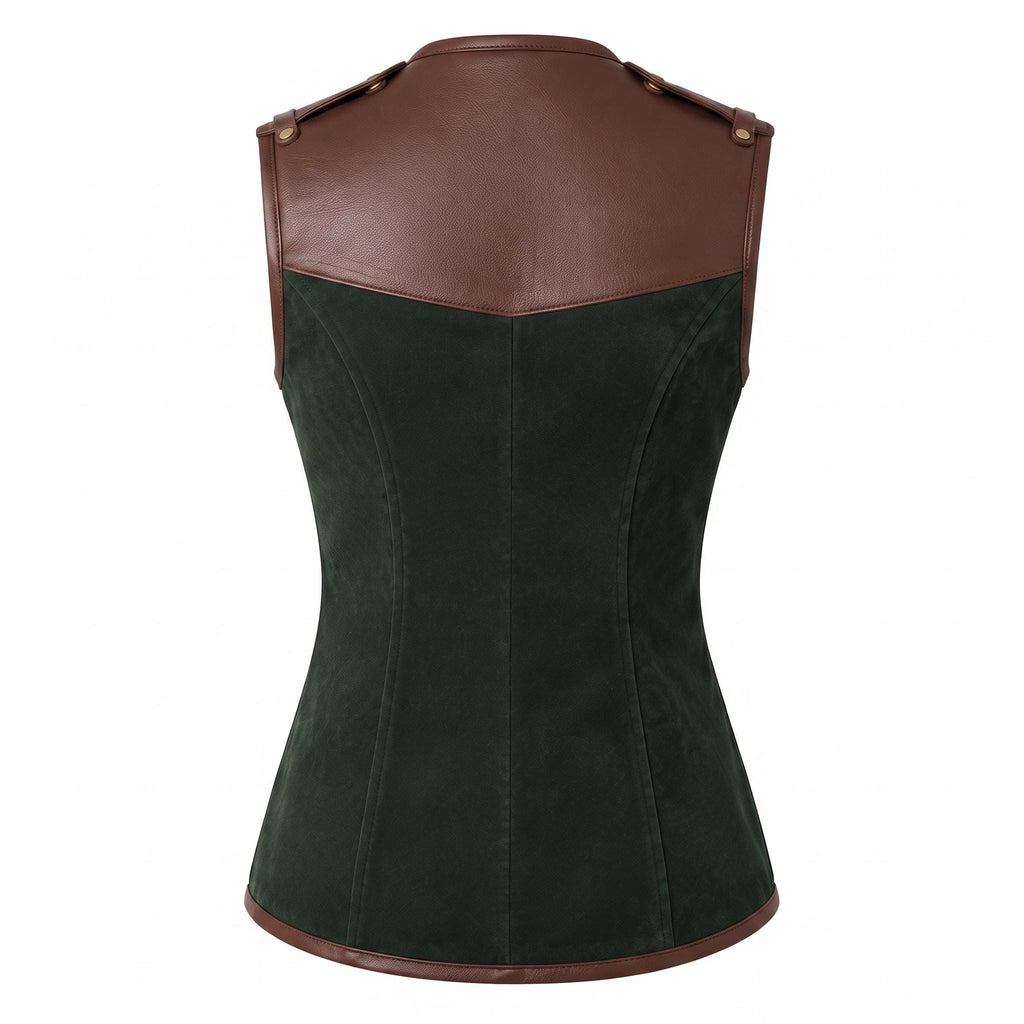 Women's Forest Green Suede Vest: Engraved Mountain Landscape, Leather Accents, Cottagecore Outerwear