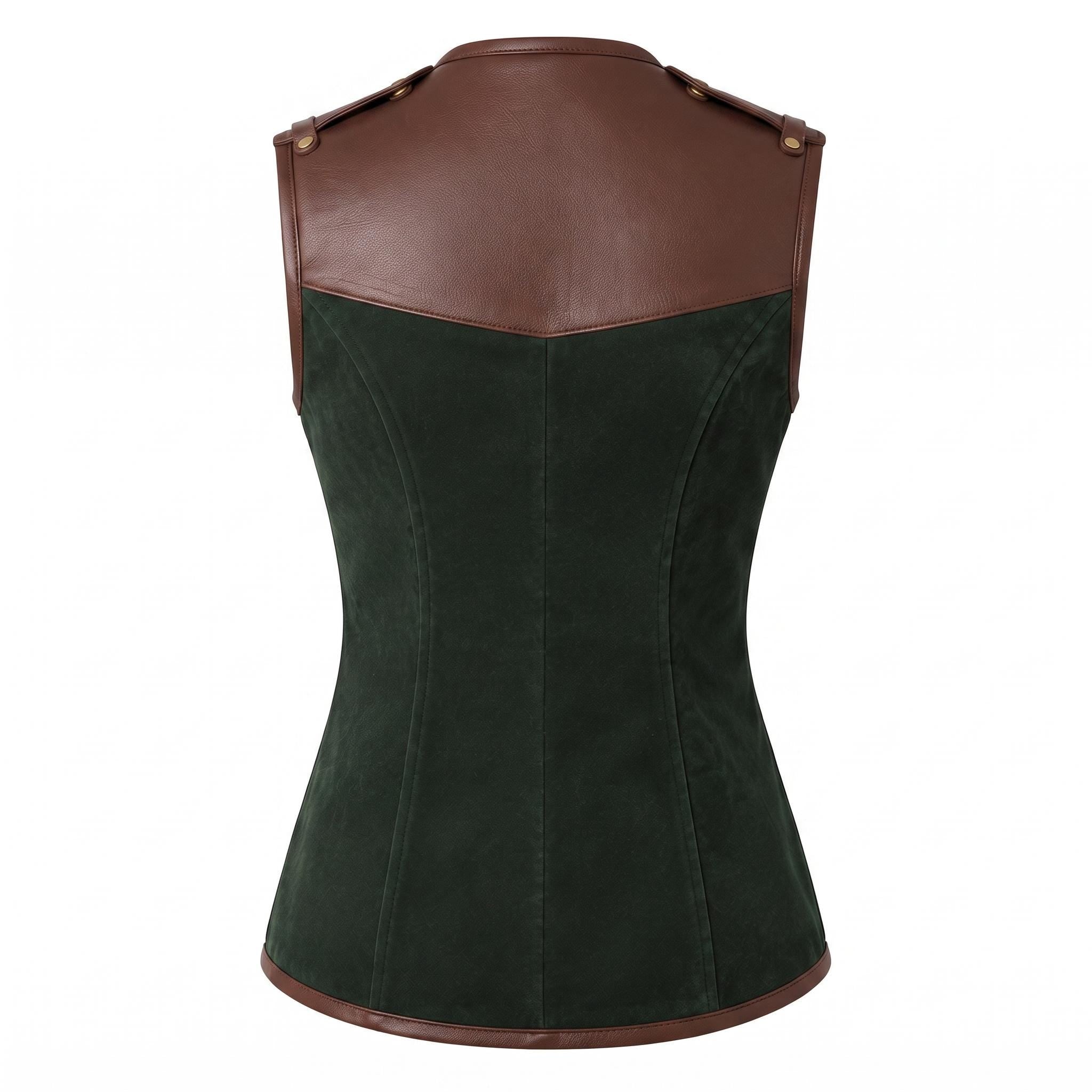 Women's Forest Green Suede Vest: Engraved Mountain Landscape, Leather Accents, Cottagecore Outerwear