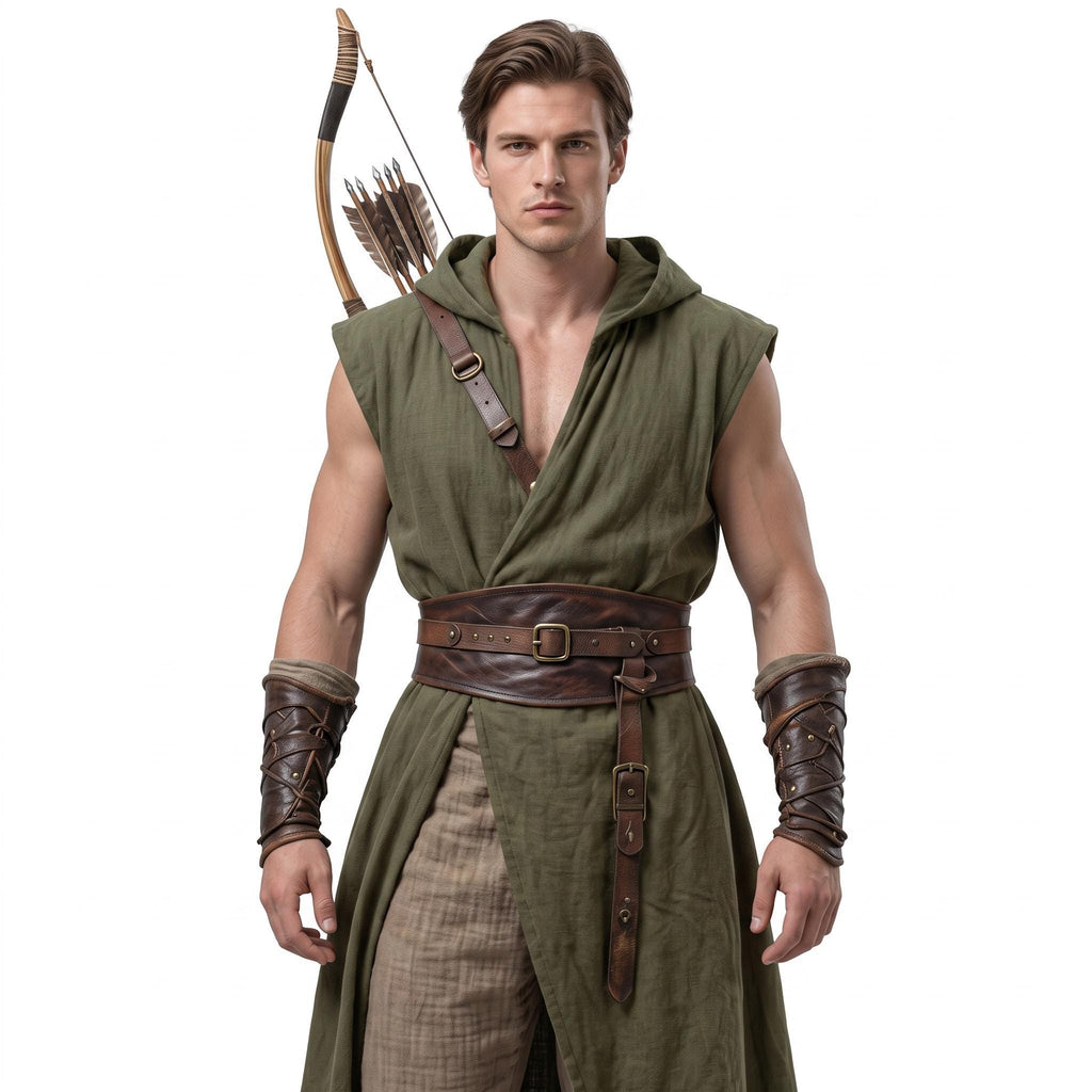 Medieval Archer Tunic Hooded Costume, Renaissance Ranger LARP Outfit, Leather Belt
