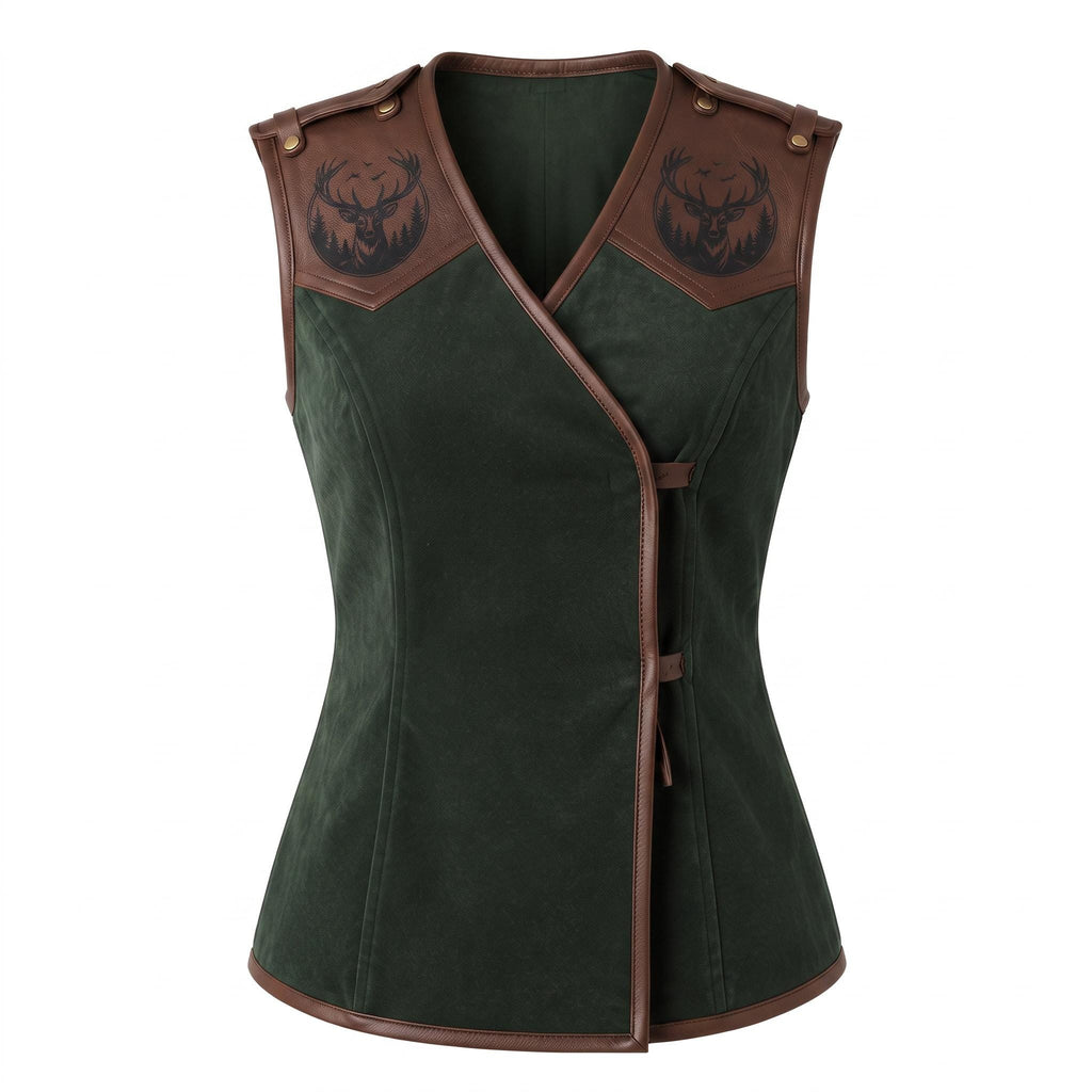 Women's Forest Green Suede Vest: Engraved Mountain Landscape, Leather Accents, Cottagecore Outerwear
